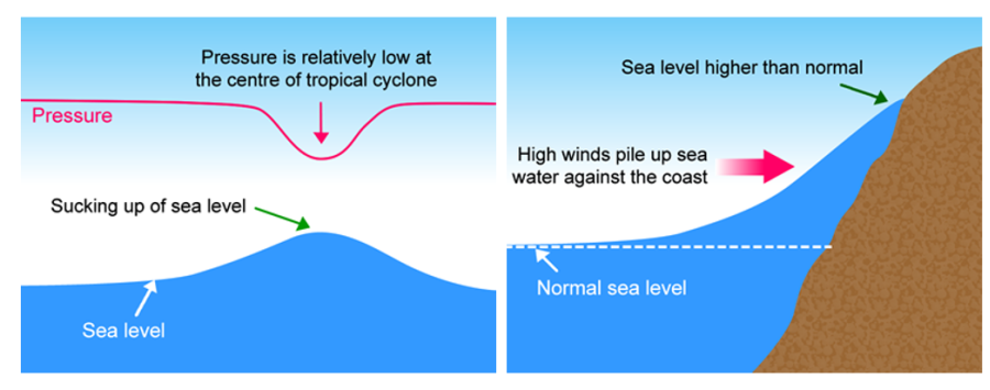 Low pressure centre of a tropical cyclone sucks up sea water (left), the force of high winds pushes water to the shore (right)